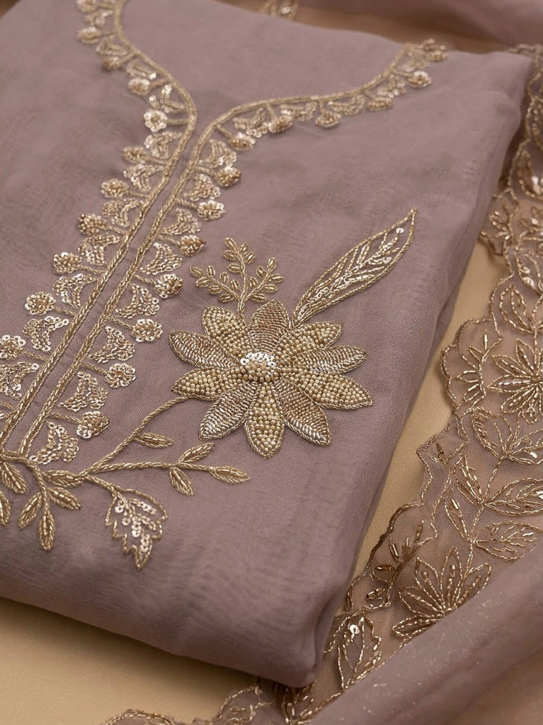 Lavender Organza Embroidered Unstitched Dress Material