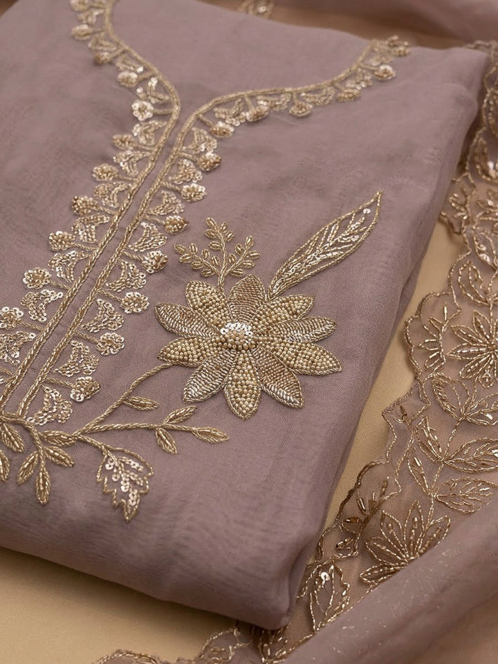 Lavender Organza Embroidered Unstitched Dress Material