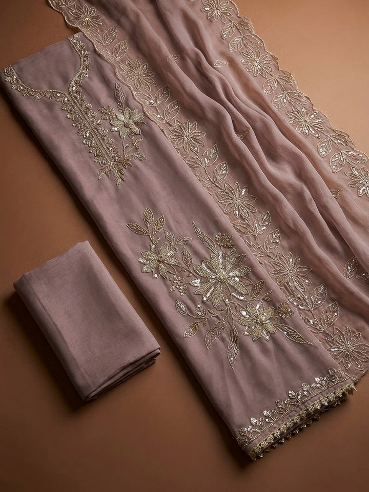Lavender Organza Embroidered Unstitched Dress Material