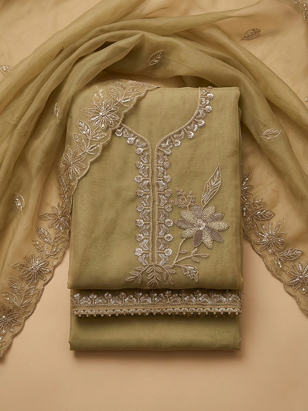Lemon Organza Embroidered Unstitched Dress Material