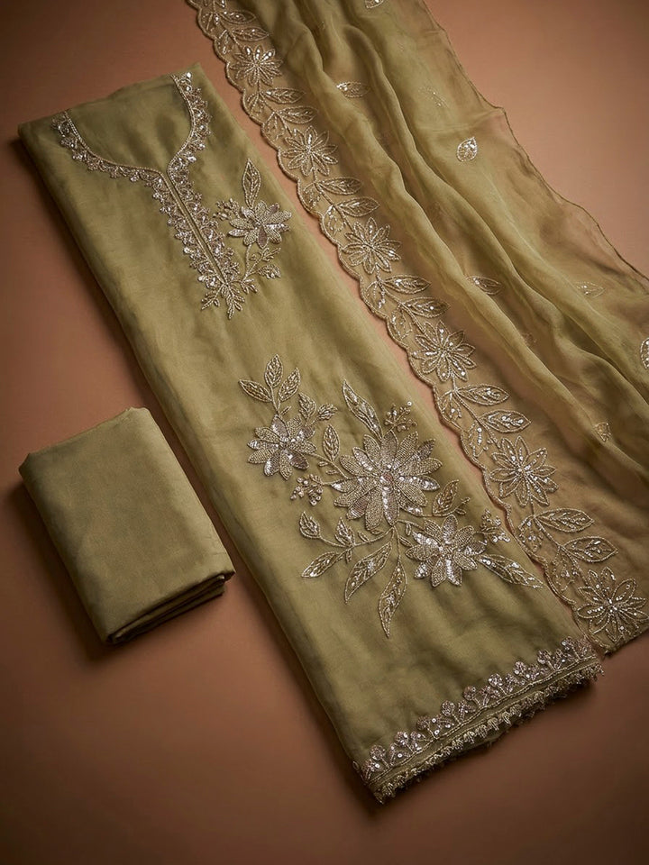 Lemon Organza Embroidered Unstitched Dress Material