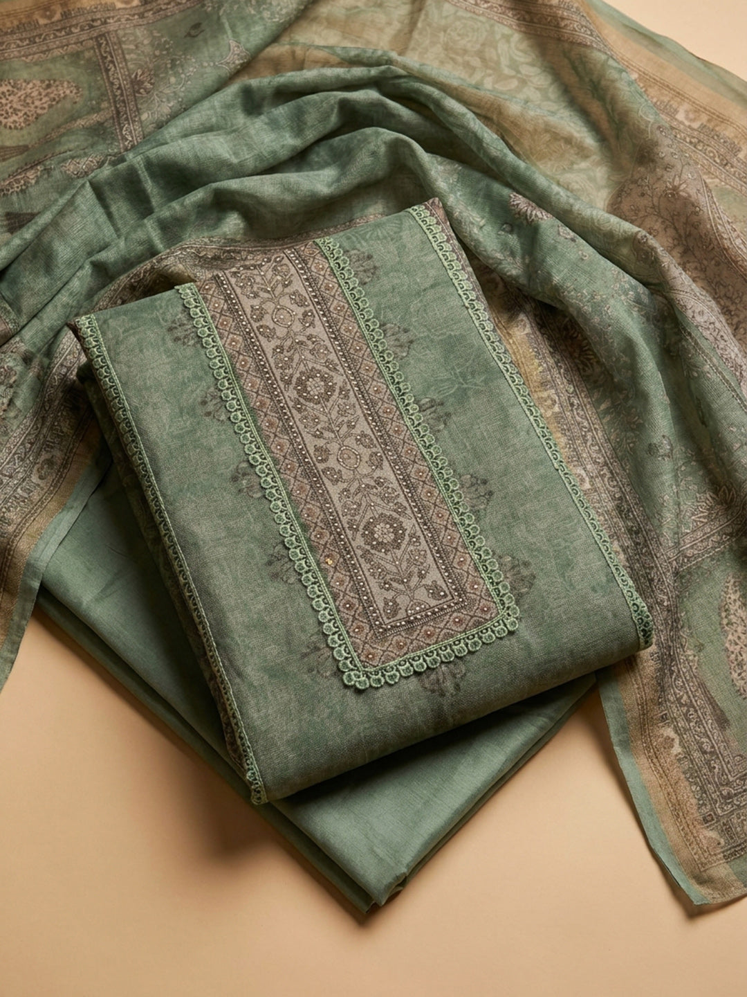 Green Printed Linen Unstitched Dress Material