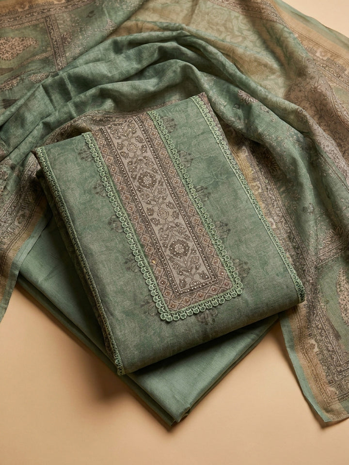 Green Printed Linen Unstitched Dress Material