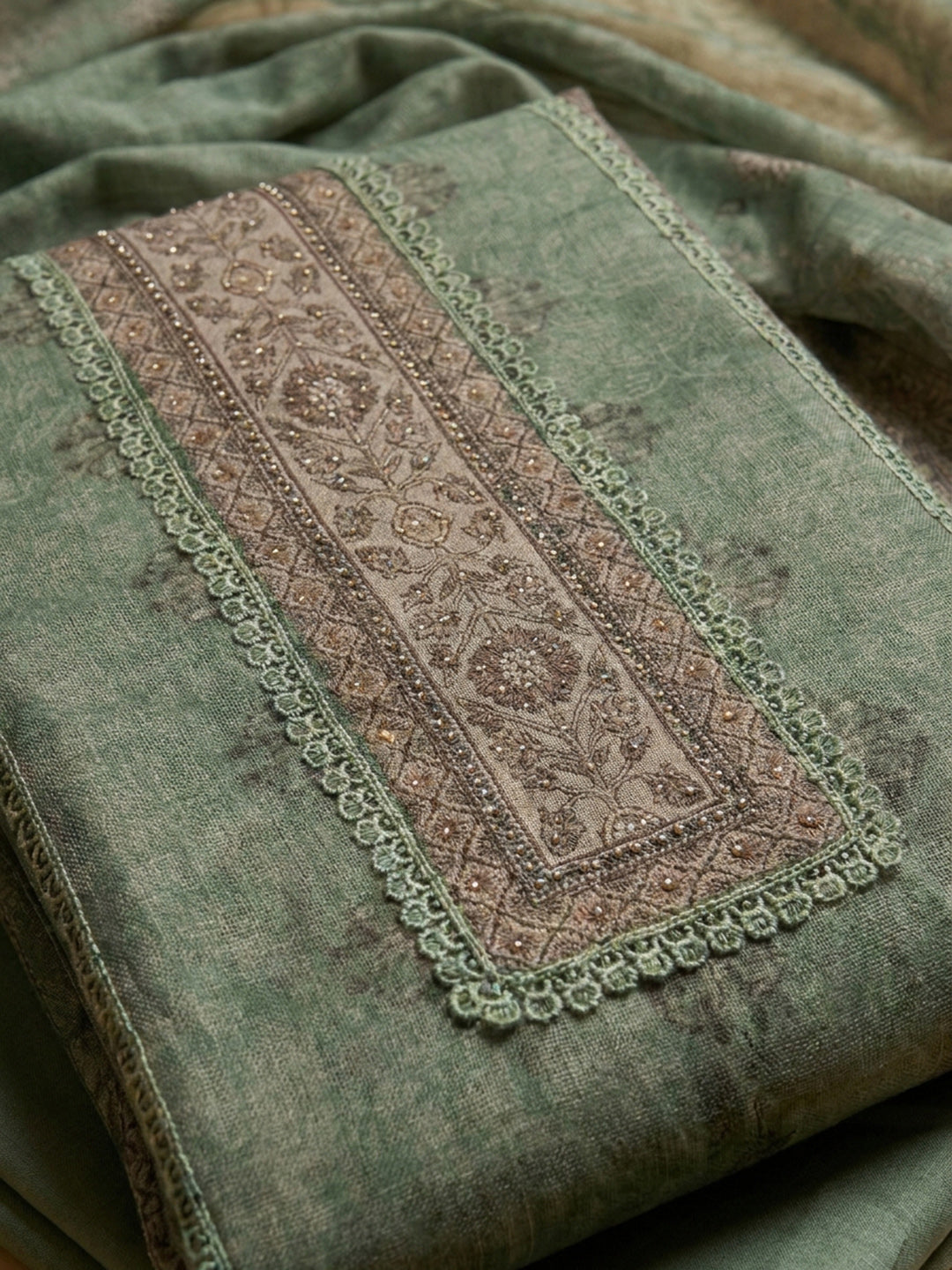 Green Printed Linen Unstitched Dress Material