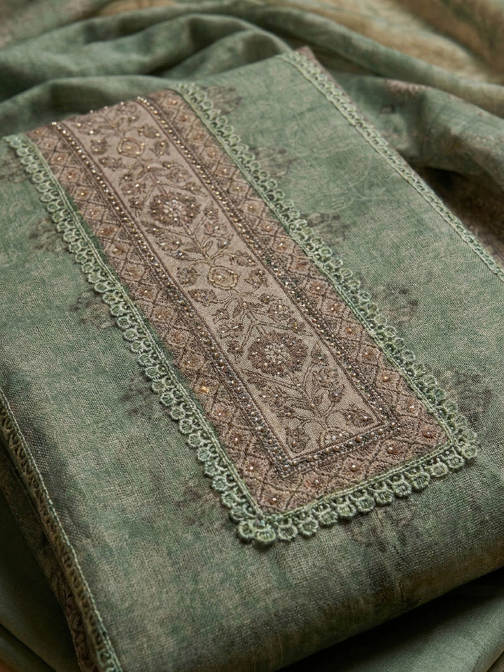 Green Printed Linen Unstitched Dress Material