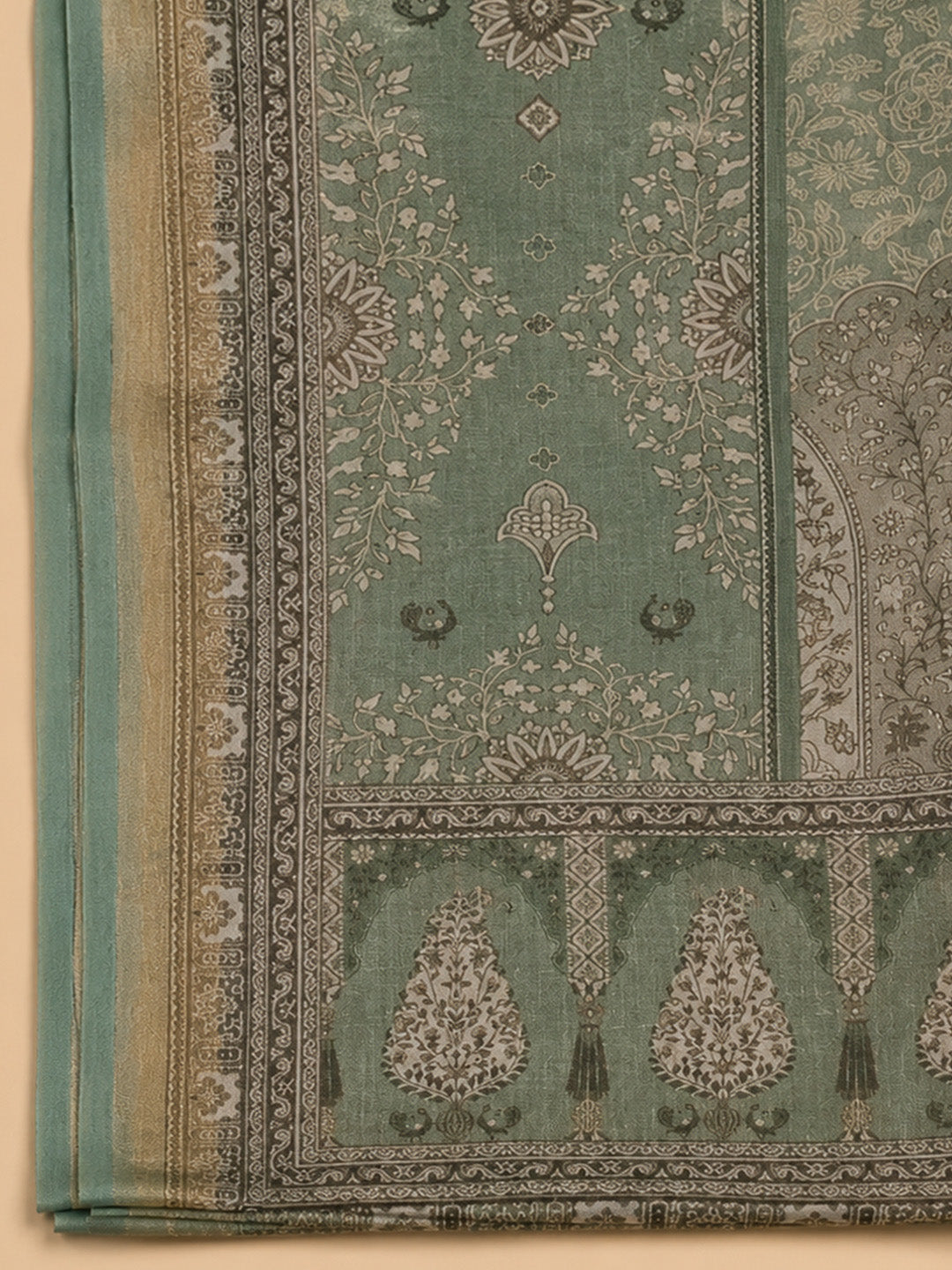 Green Printed Linen Unstitched Dress Material