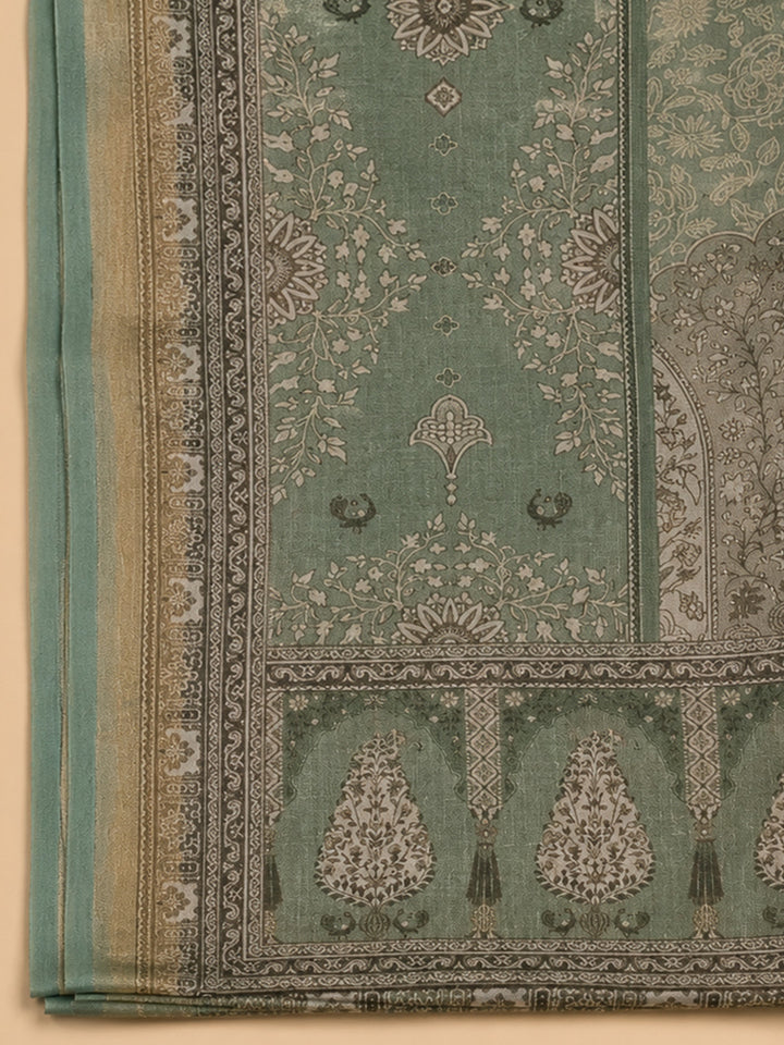 Green Printed Linen Unstitched Dress Material