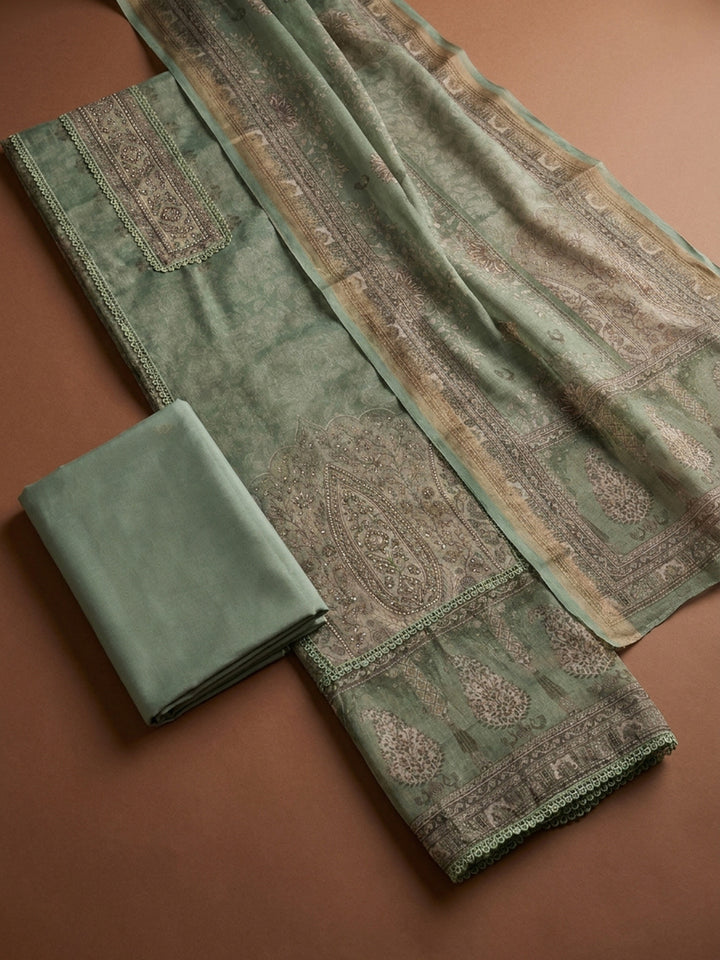 Green Printed Linen Unstitched Dress Material