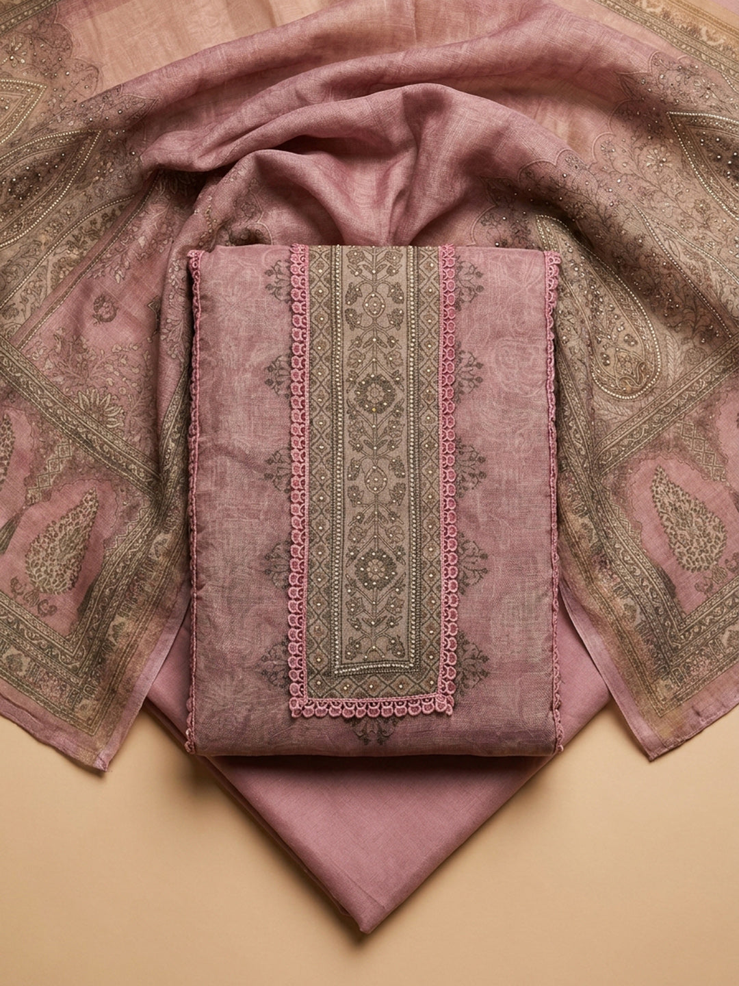 Onion Pink Printed Linen Unstitched Dress Material