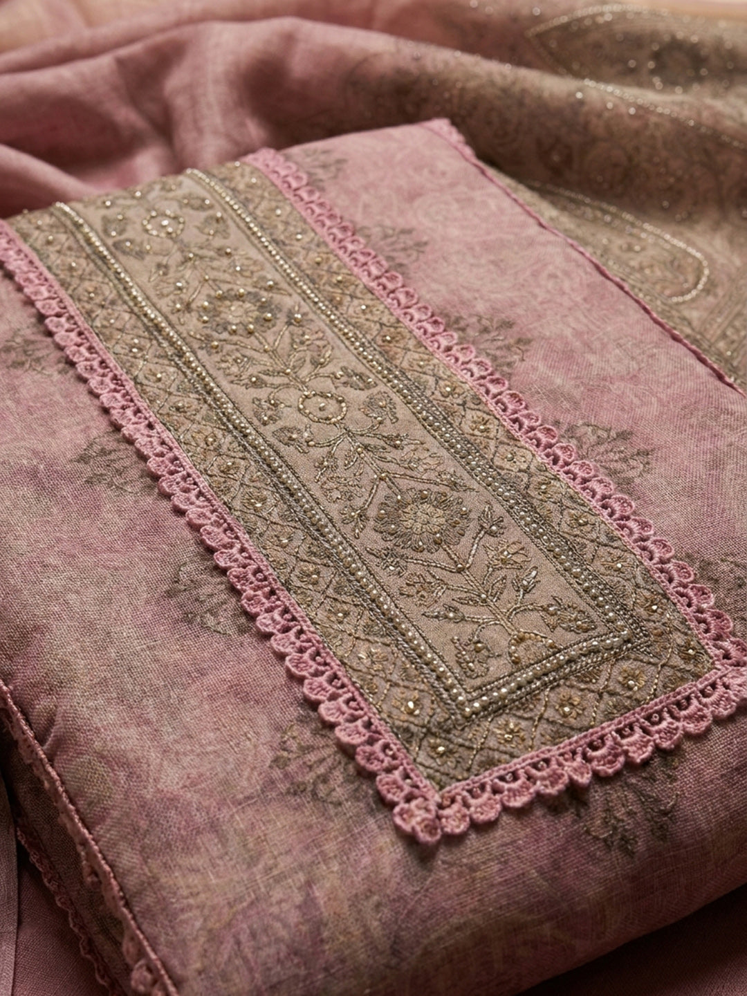 Onion Pink Printed Linen Unstitched Dress Material