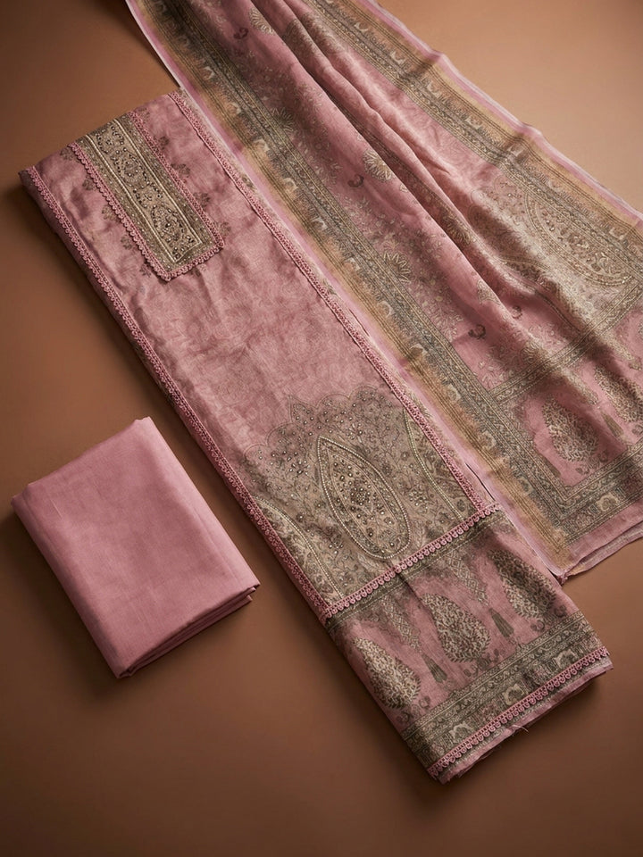 Onion Pink Printed Linen Unstitched Dress Material
