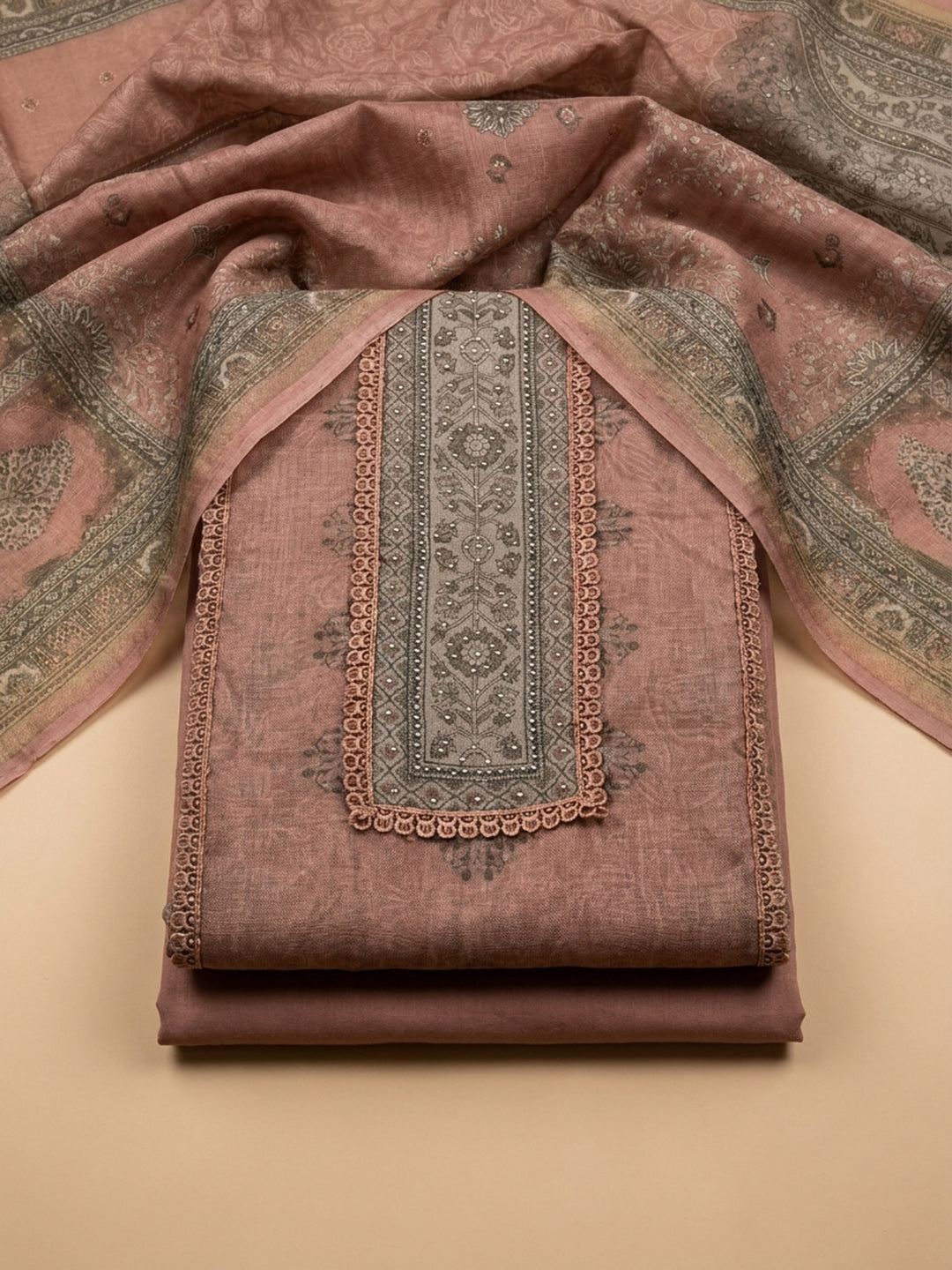 Peach Printed Linen Unstitched Dress Material