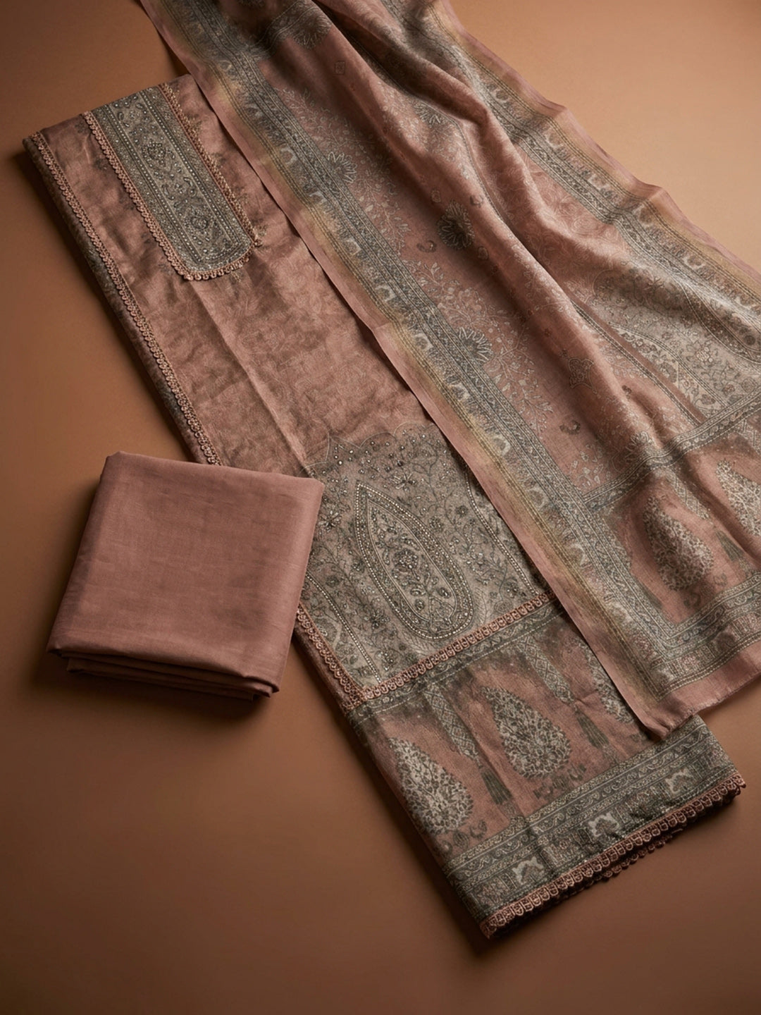 Peach Printed Linen Unstitched Dress Material