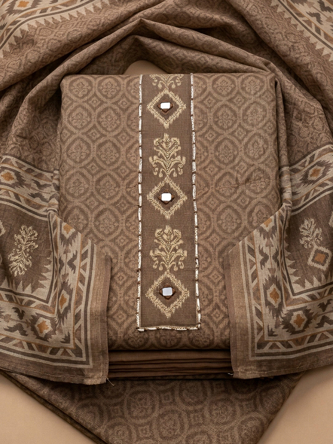 Brown Embroidery Linen Unstitched Dress Material
