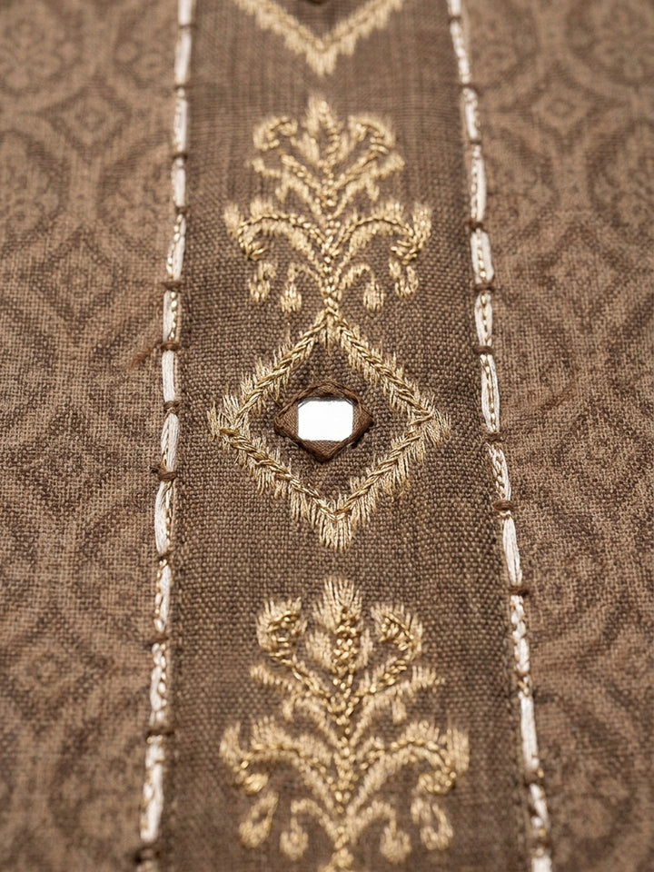 Brown Embroidery Linen Unstitched Dress Material