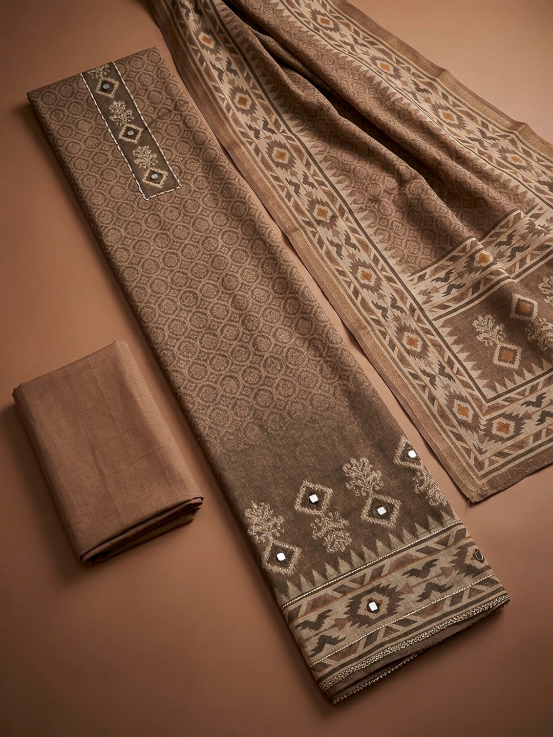 Brown Embroidery Linen Unstitched Dress Material