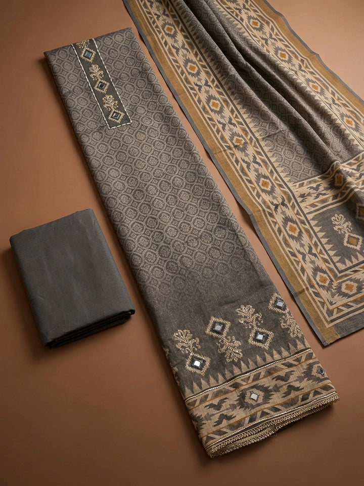 Grey Embroidery Linen Unstitched Dress Material