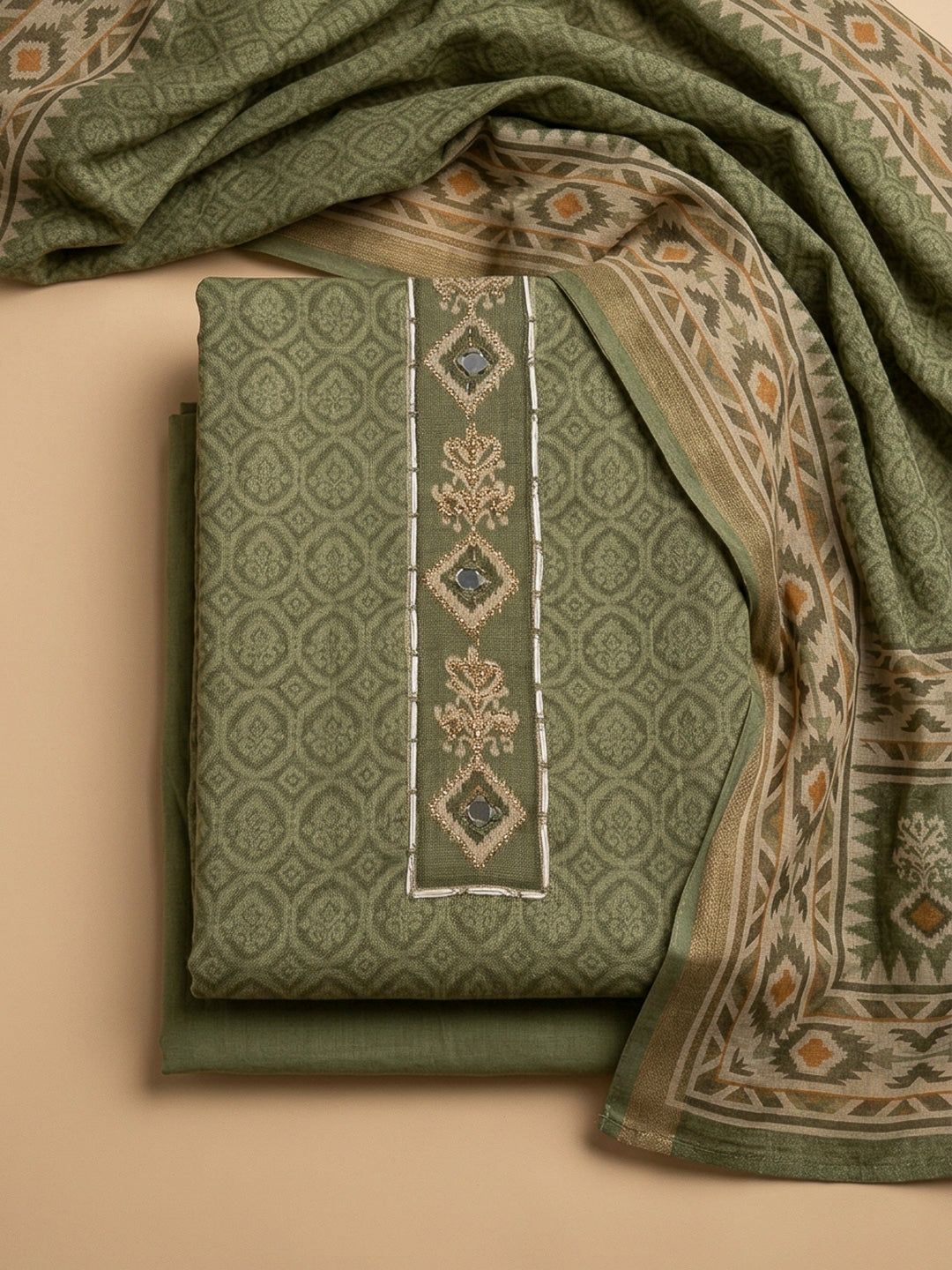 Mehndi Embroidery Linen Unstitched Dress Material