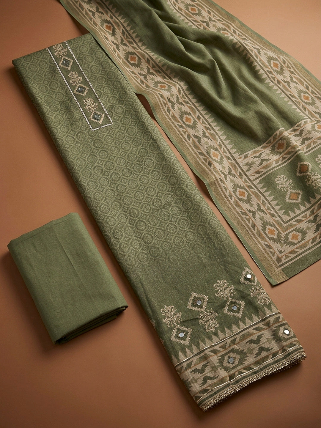 Mehndi Embroidery Linen Unstitched Dress Material