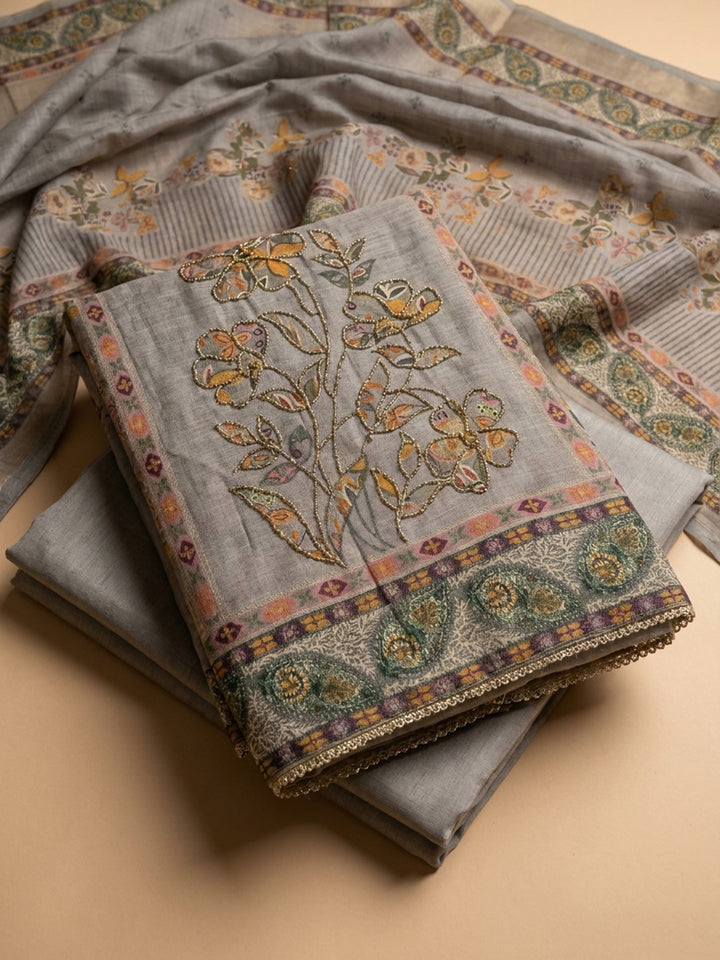 Grey Printed Linen Unstitched Dress Material