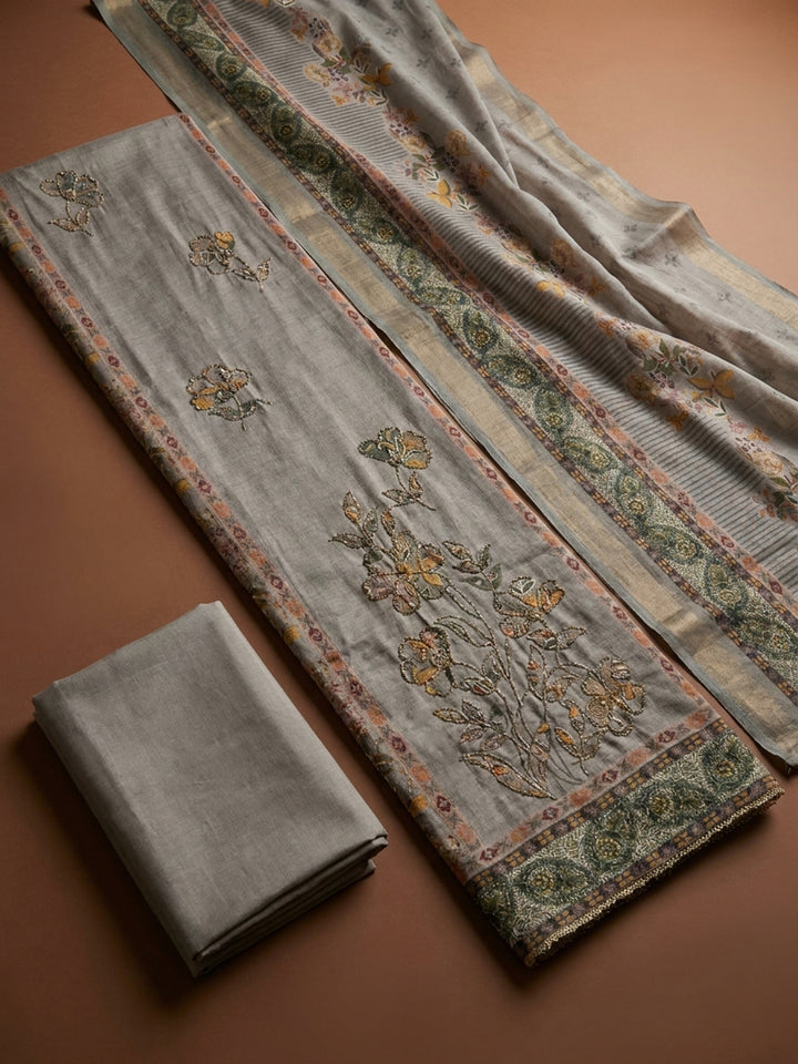 Grey Printed Linen Unstitched Dress Material