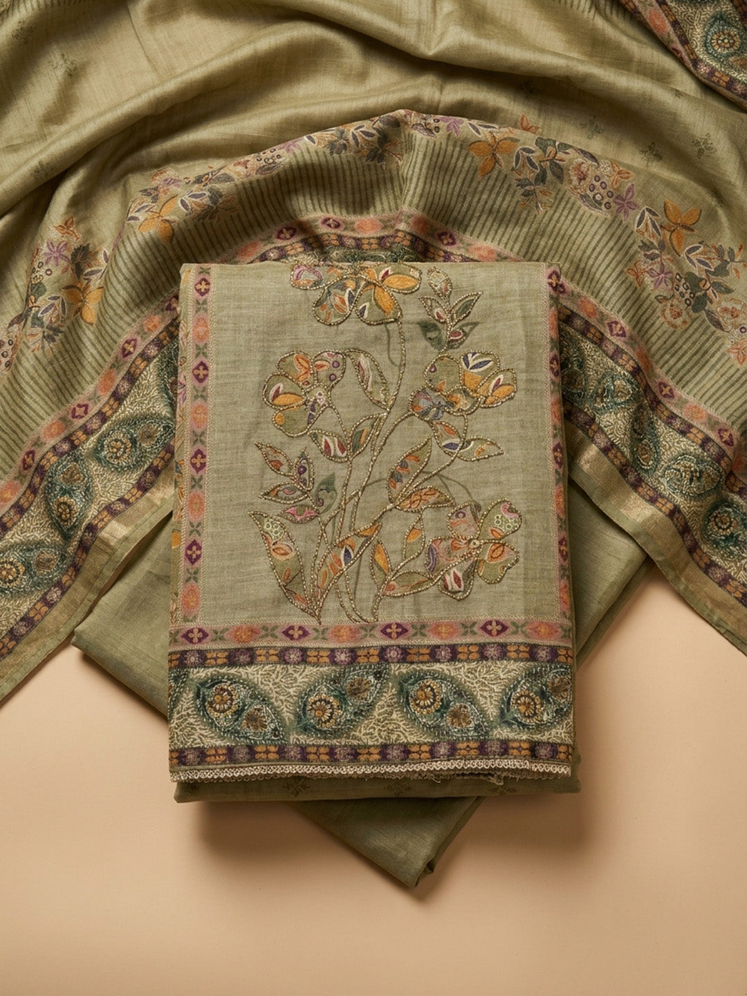 Mehndi Printed Linen Unstitched Dress Material