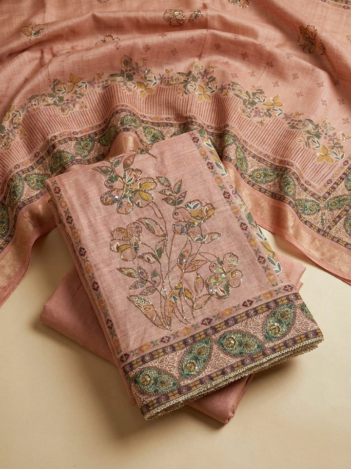 Peach Printed Linen Unstitched Dress Material