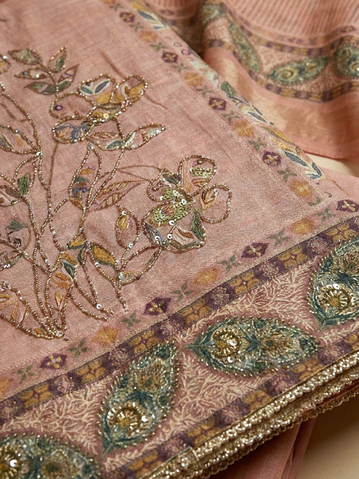Peach Printed Linen Unstitched Dress Material