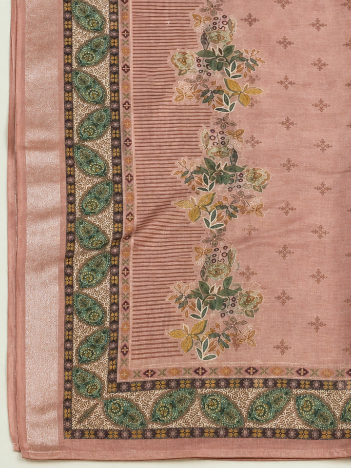 Peach Printed Linen Unstitched Dress Material