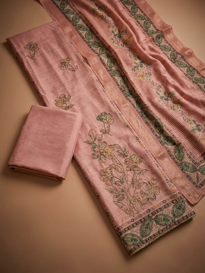 Peach Printed Linen Unstitched Dress Material