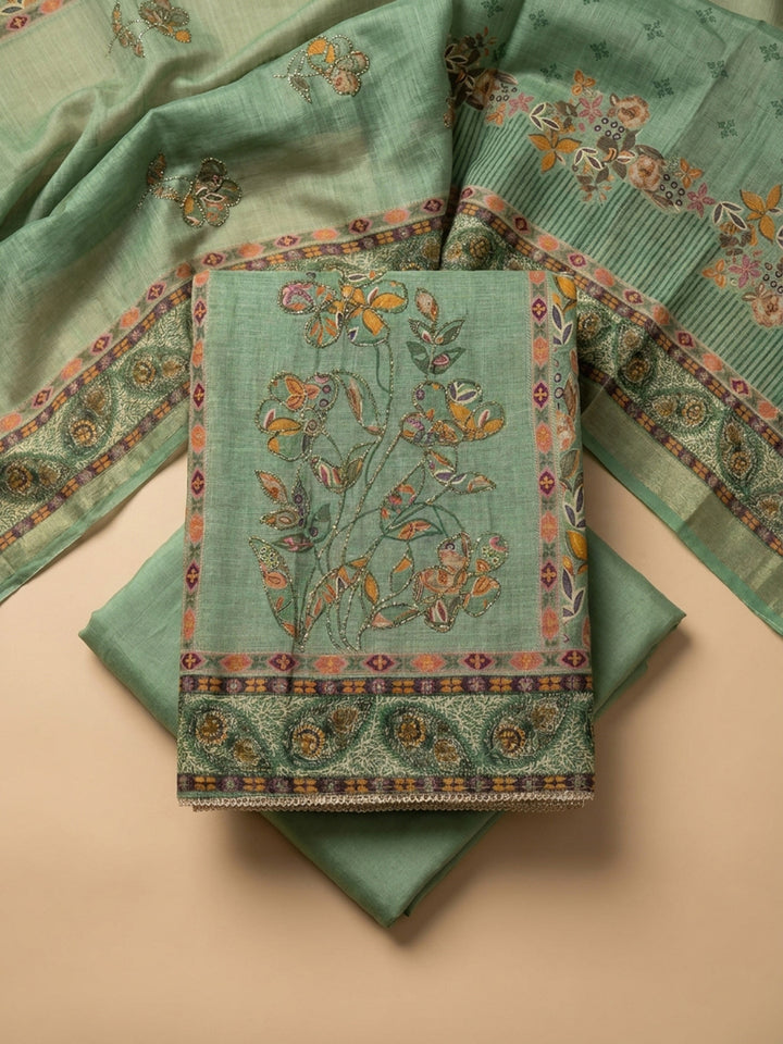 Sea Green Printed Linen Unstitched Dress Material