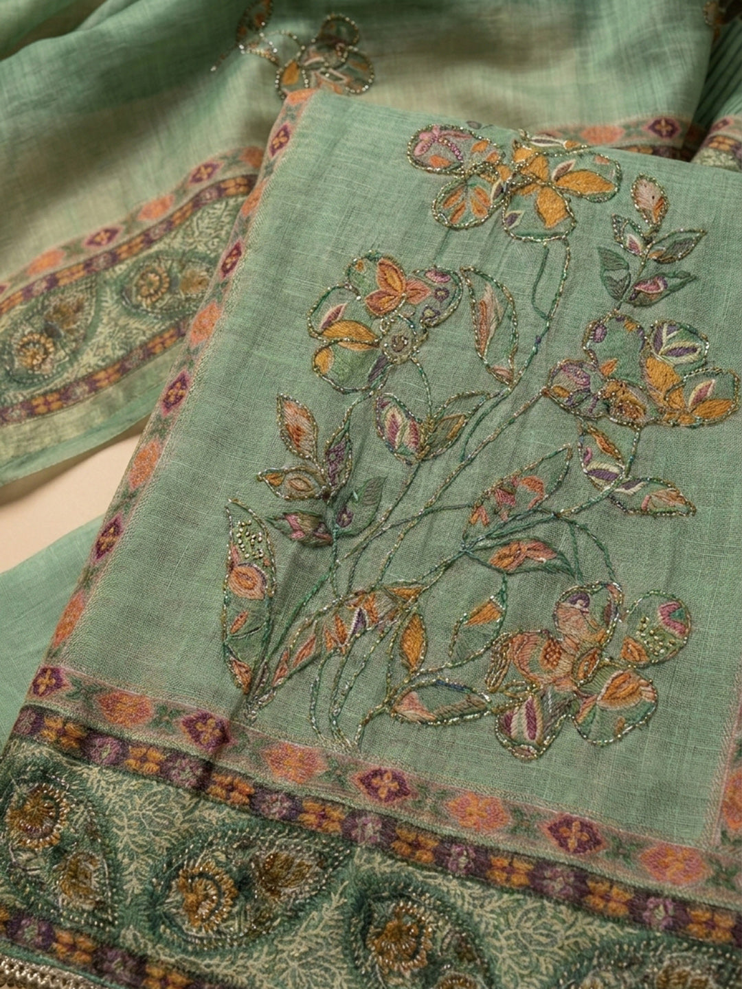 Sea Green Printed Linen Unstitched Dress Material