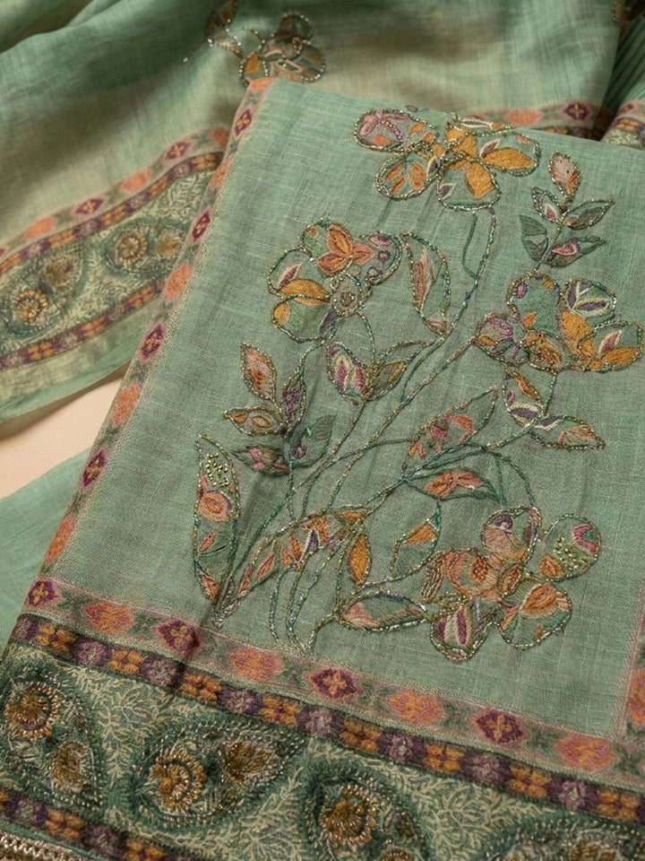 Sea Green Printed Linen Unstitched Dress Material