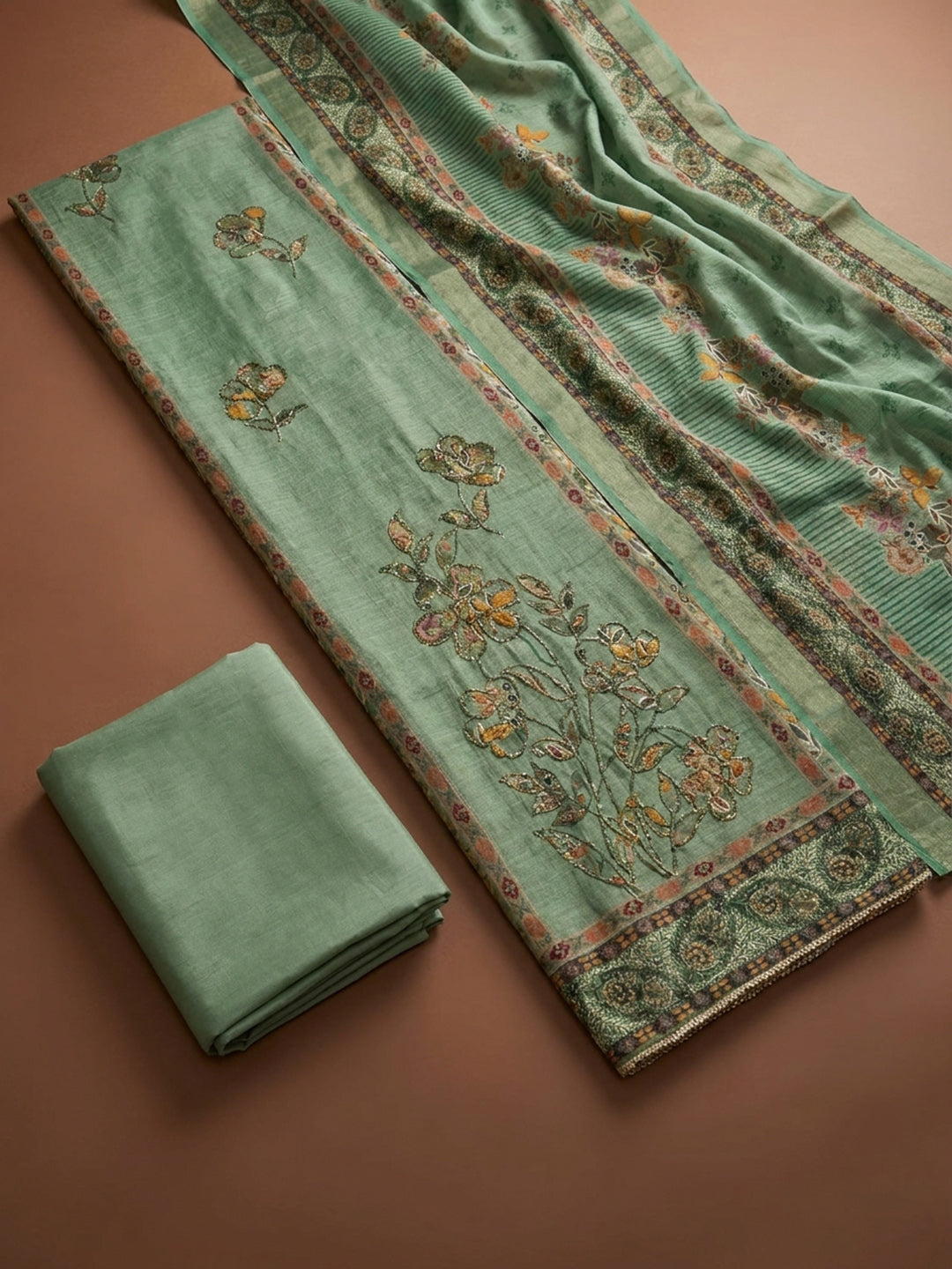 Sea Green Printed Linen Unstitched Dress Material