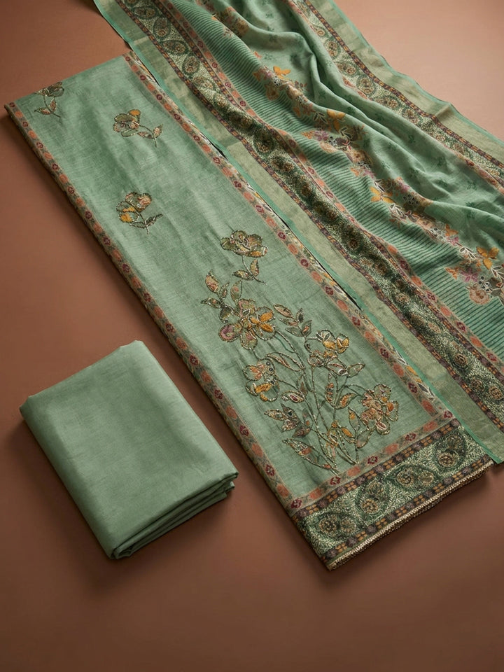 Sea Green Printed Linen Unstitched Dress Material