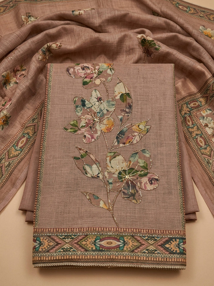 Dusty Pink Printed Linen Unstitched Dress Material