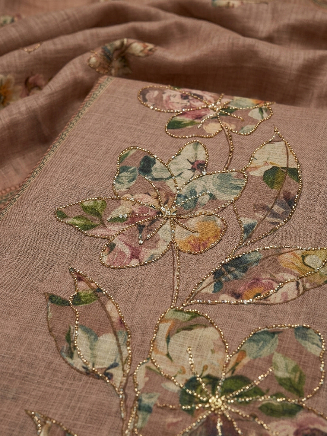 Dusty Pink Printed Linen Unstitched Dress Material