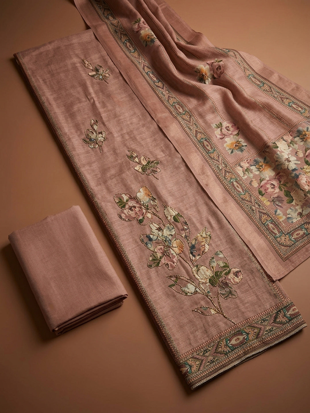 Dusty Pink Printed Linen Unstitched Dress Material
