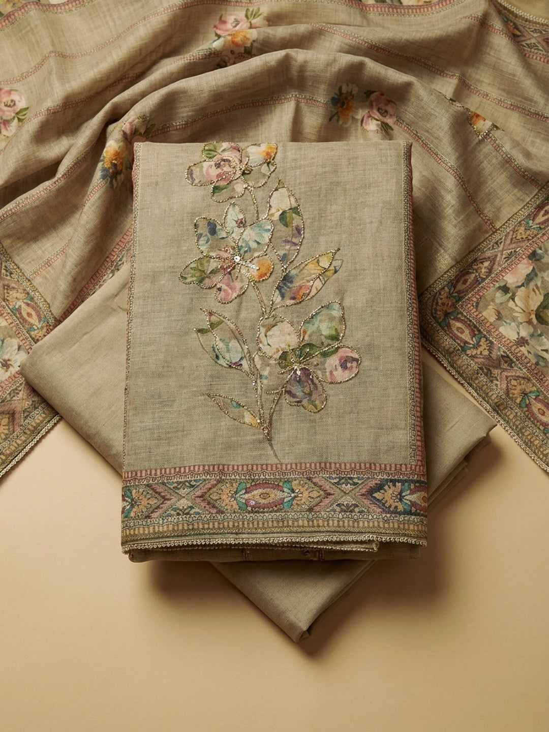 Mehndi Printed Linen Unstitched Dress Material