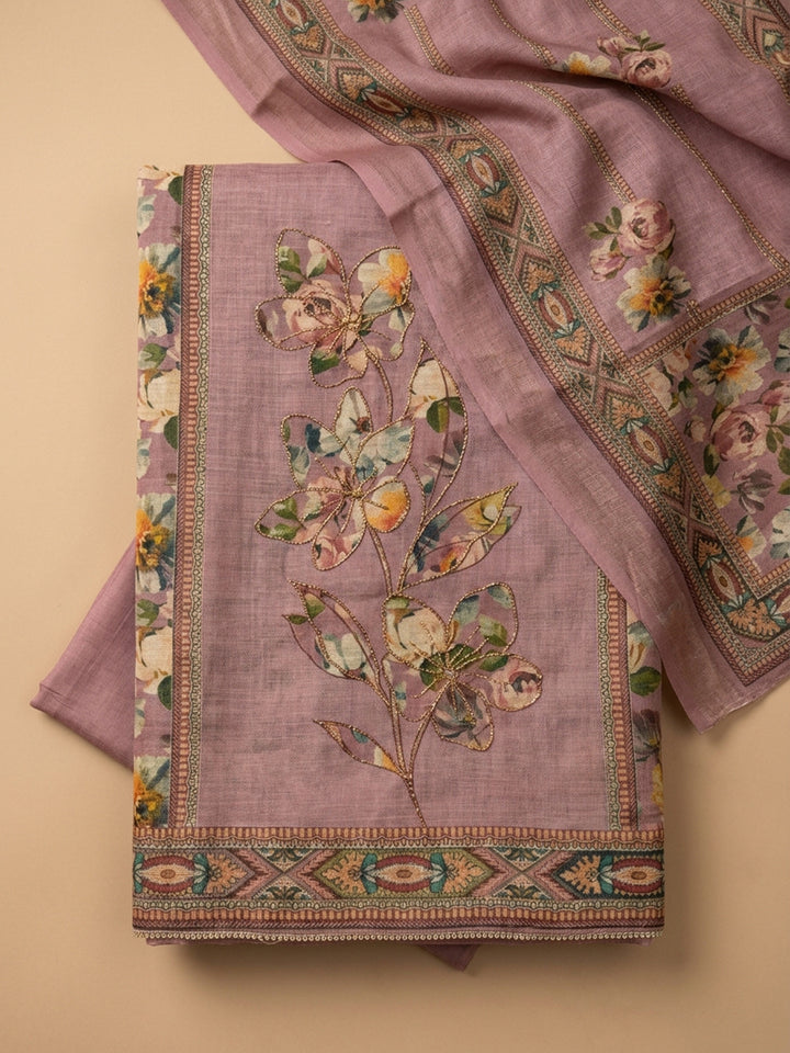 Onion Pink Printed Linen Unstitched Dress Material