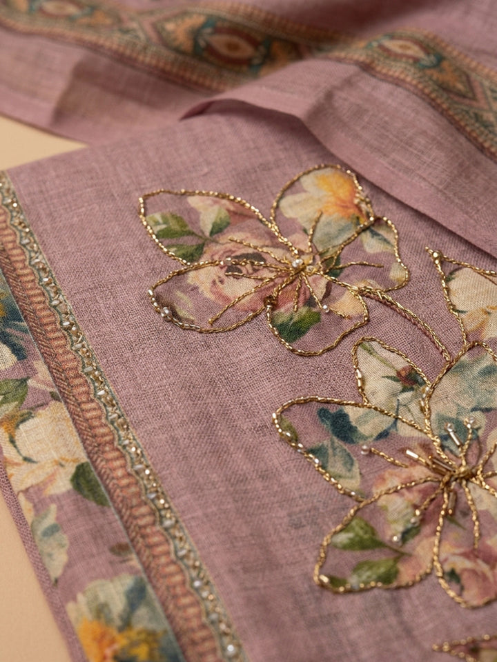 Onion Pink Printed Linen Unstitched Dress Material