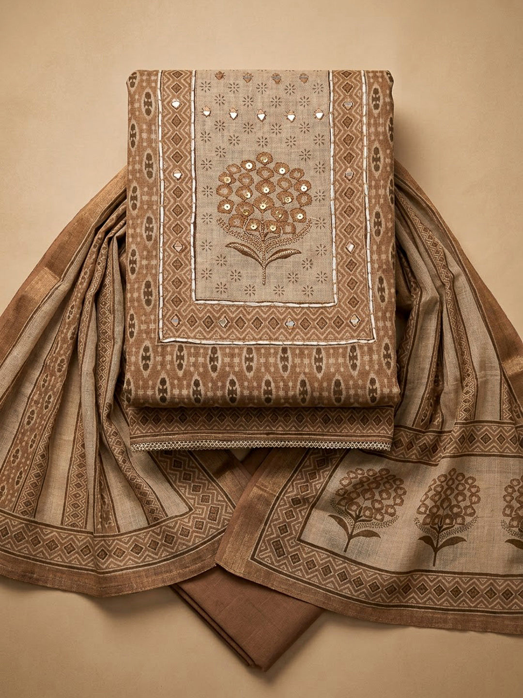 Beige Linen Blend Printed Unstitched Dress Material