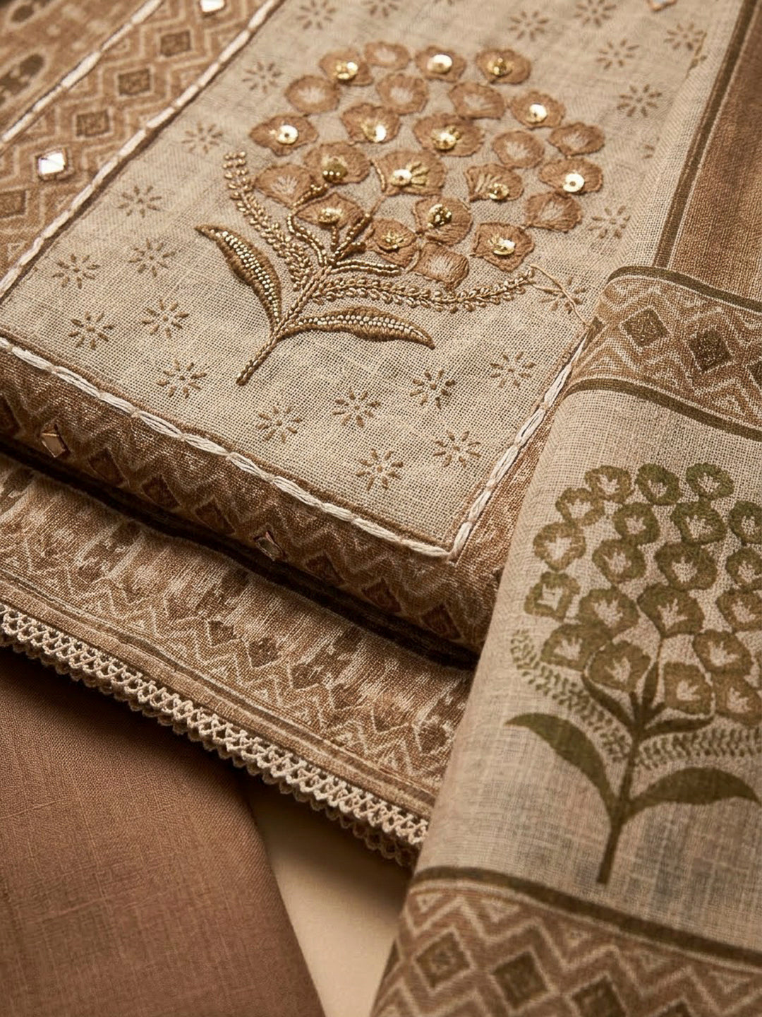 Beige Linen Blend Printed Unstitched Dress Material