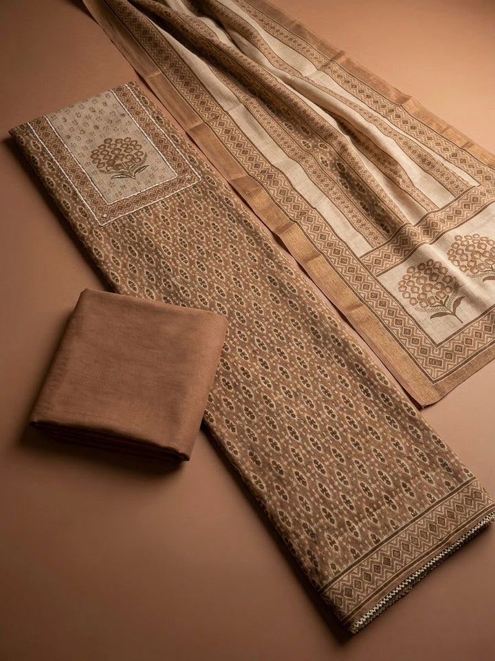 Beige Linen Blend Printed Unstitched Dress Material