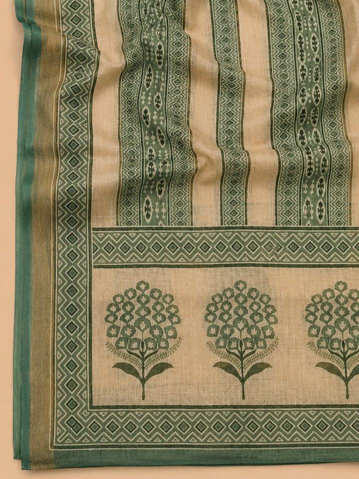 Green Linen Blend Printed Unstitched Dress Material
