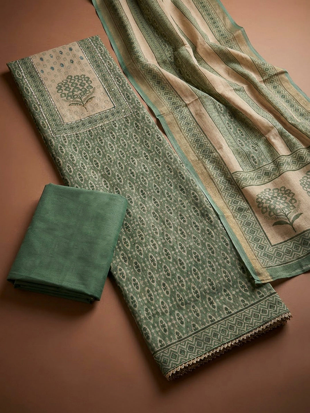 Green Linen Blend Printed Unstitched Dress Material