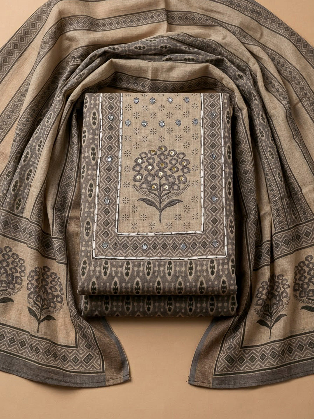 Grey Linen Blend Printed Unstitched Dress Material