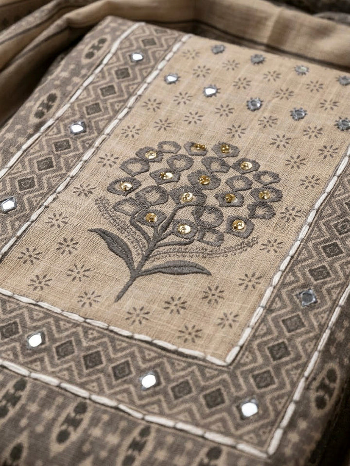 Grey Linen Blend Printed Unstitched Dress Material