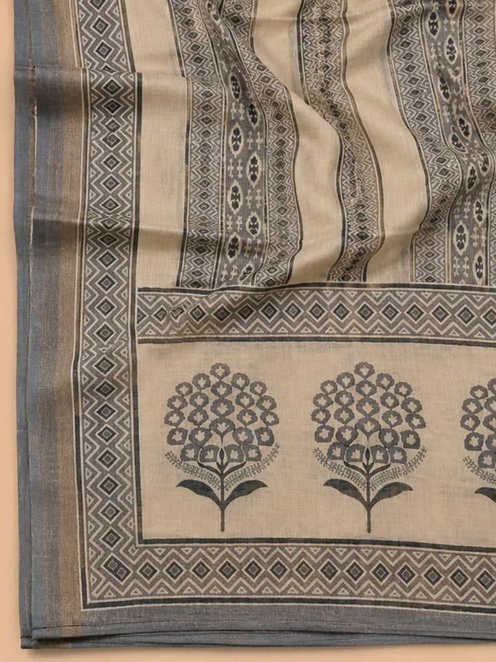 Grey Linen Blend Printed Unstitched Dress Material