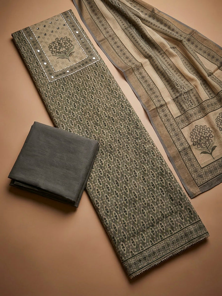 Grey Linen Blend Printed Unstitched Dress Material